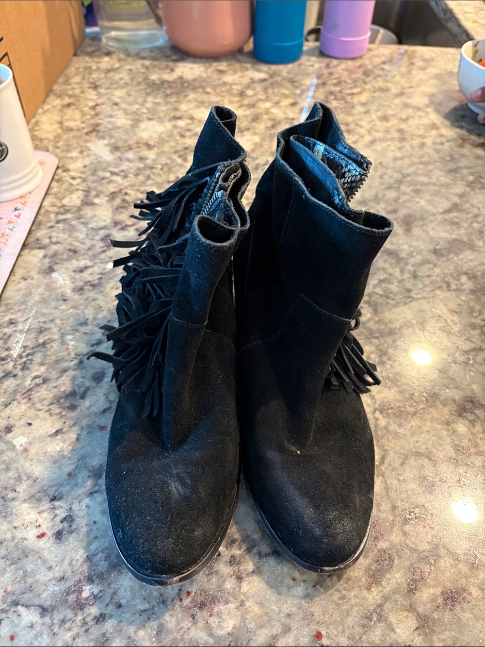 Cynthia Vincent Black Suede Fringe Ankle Boots